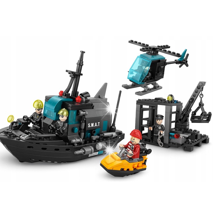 Lelebrother Police SWAT építőkészlet 8603, 2 az 1-ben modell, hajó, helikopter, 551 elem, 52x34x6,5cm