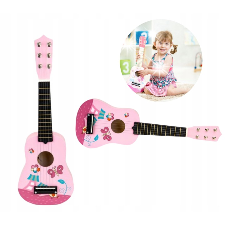 Gyermek fából készült gitár, fémhúrok, rózsaszín