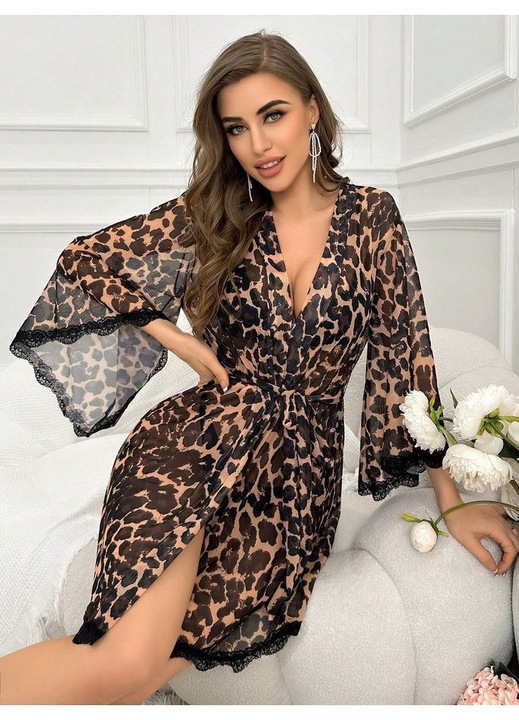 Női Leopárd Mintás Hálóing, OBRO, Félig átlátszó Fekete Csipke Voállal, Állítható Pánttal, M-es