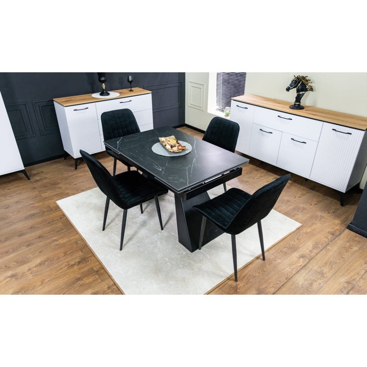 Set Masa Living Extensibila KJT416 Neagra cu 4 Scaune KJC176 Negre