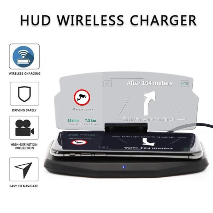 Afisaj HUD, pe parbriz, GPS, apeluri si alerte, fara atingerea telefonului, ochii raman pe drum, functioneaza cu majoritatea smartphone-urilor Android si iOS, fara aplicatii, incarcare wireless - DISP