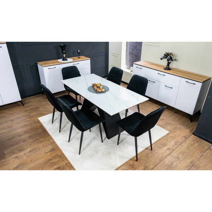 Set Masa Living Extensibila KJT417 Alba cu 6 Scaune KJC176 Negre