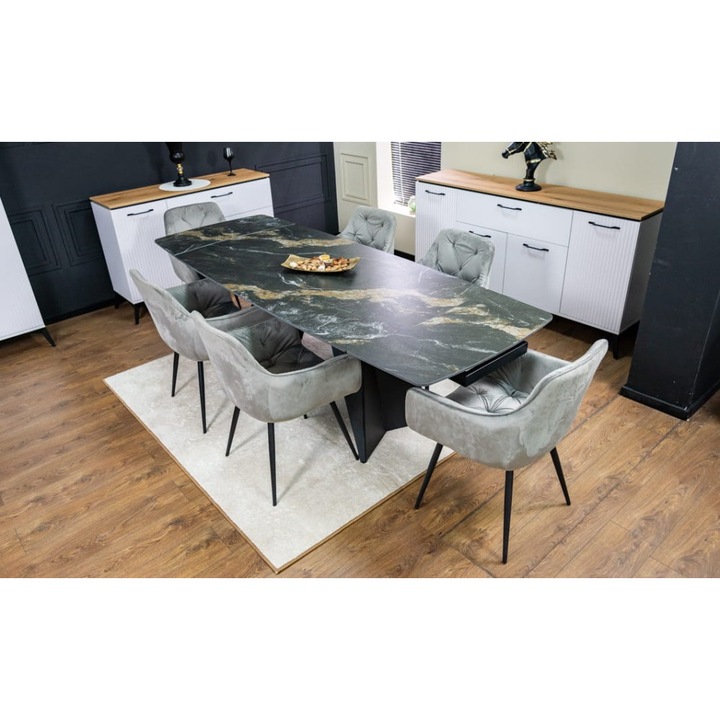 Set Masa Living Extensibila Blat Ceramic Negru/Auriu DTM0105CS cu 6 Scaune KJC80 Gri