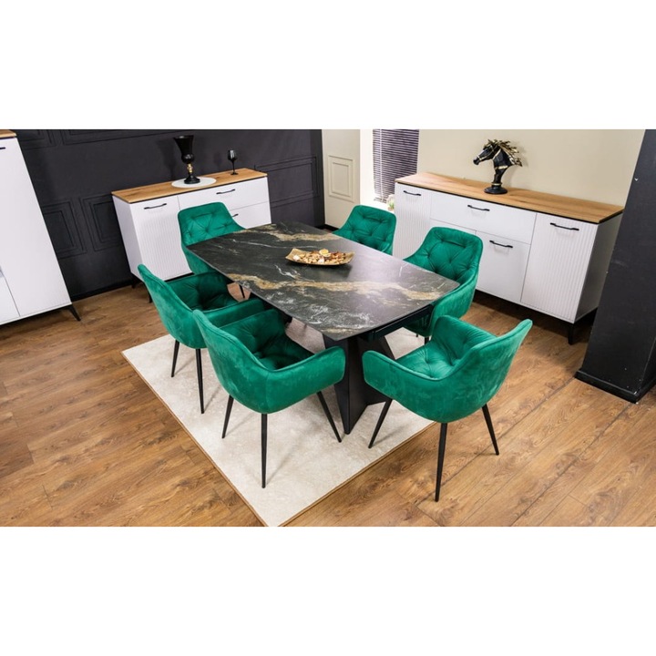 Set Masa Living Extensibila Blat Ceramic Negru/Auriu DTM0105CS cu 6 Scaune KJC38 Verzi