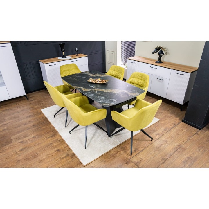 Set Masa Living Extensibila Blat Ceramic Negru/Auriu DTM0105CS cu 6 Scaune KJC4345 Mustar