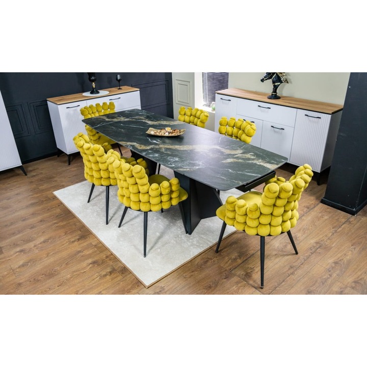 Set Masa Living Extensibila Blat Ceramic Negru/Auriu DTM0105CS cu 6 Scaune KJC374 Galbene