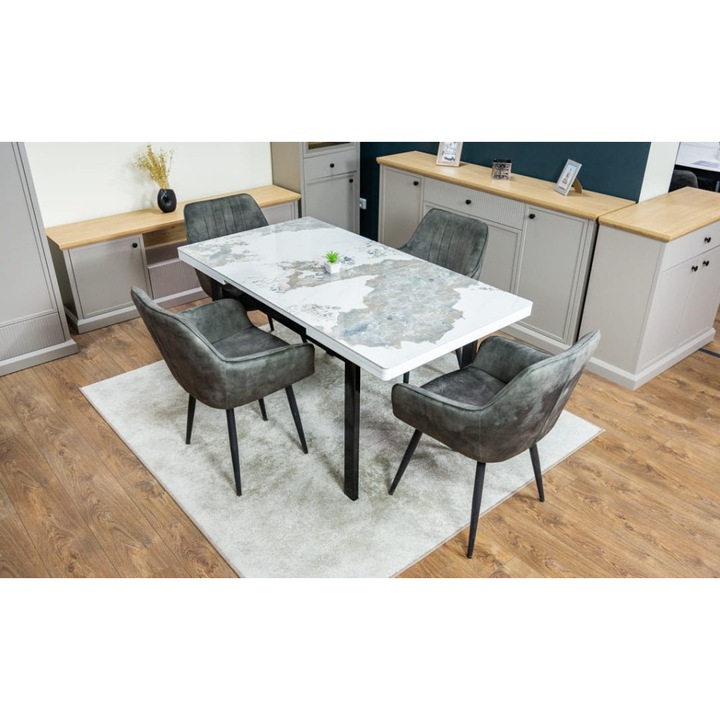 Set Masa Living Extensibila Blac Ceramic KJD416 Alb-Cappuccino cu 4 Scaune KJC4343 Gri Deschis