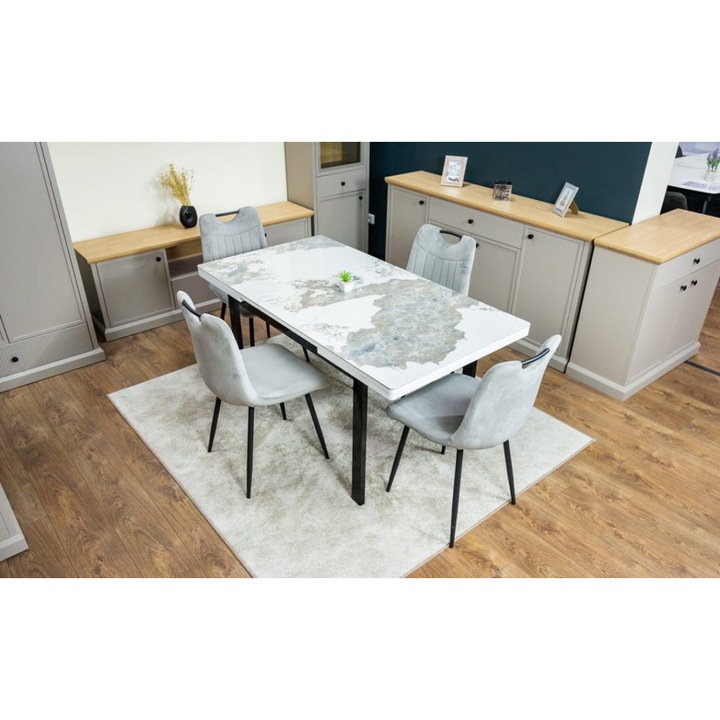 Set Masa Living Extensibila Blac Ceramic KJD416 Alb-Cappuccino cu 4 Scaune KJC0358 Gri