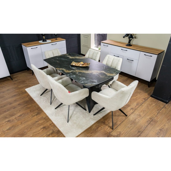 Set Masa Living Extensibila Blat Ceramic Negru/Auriu DTM0105CS cu 6 Scaune DCM0112AS Bej