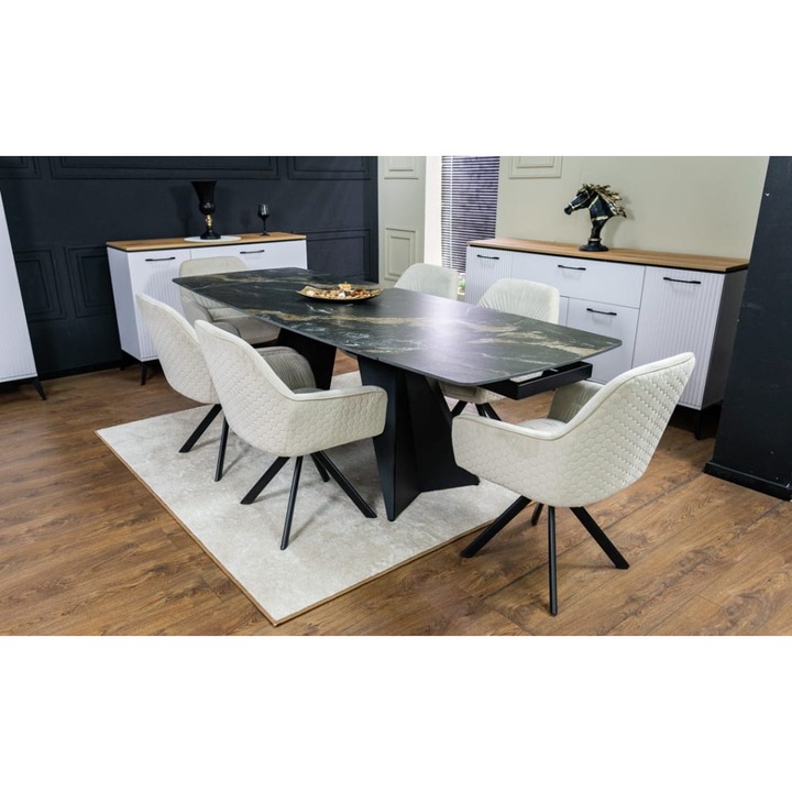 Set Masa Living Extensibila Blat Ceramic Negru/Auriu DTM0105CS cu 6 Scaune KJC3846 Bej