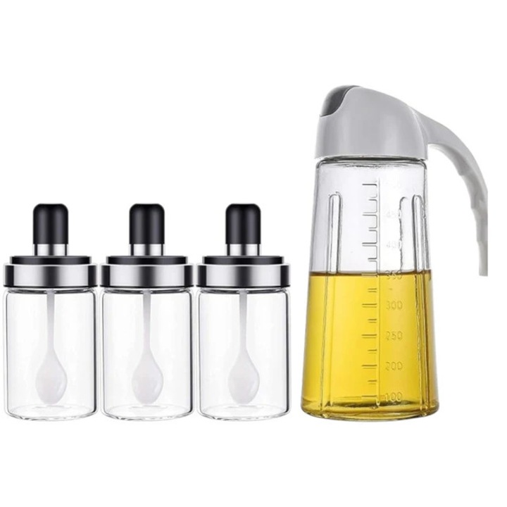 Set Oliviera 600 ml si 3 recipiente condimente cu lingurite 200 ml, sticla + plastic