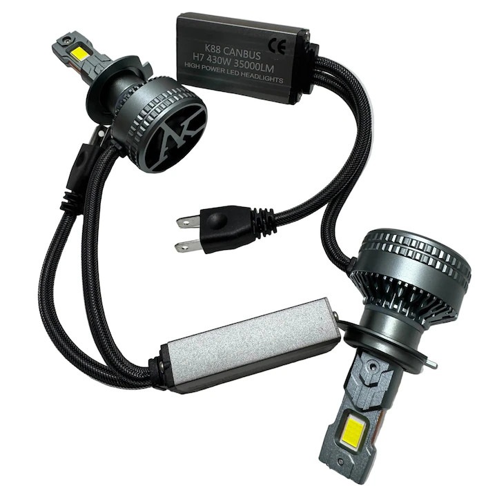 Set 2 Becuri LED Auto K88 H7 – 430W, 35.000LM – CANBUS, 6000K, PENDAN, Putere Maxima