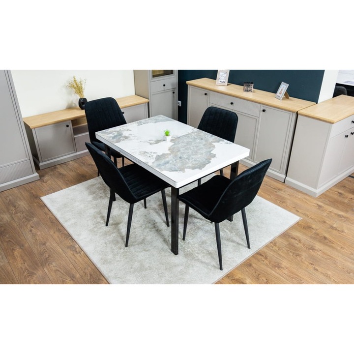 Set Masa Living Extensibila Blac Ceramic KJD416 Alb-Cappuccino cu 4 Scaune KJC176 Negre