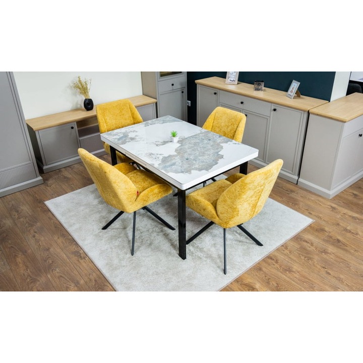 Set Masa Living Extensibila Blat Ceramic KJD416 Alb-Cappuccino cu 4 Scaune KJC4347 Galbene