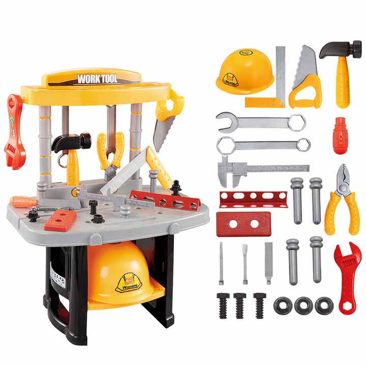 Banc de lucru cu set de scule pentru copii, Repair Tools, 36+ piese, ciocan, cheie reglabila, surubelnita, fierastrau, cleste, suruburi, piulite, casca