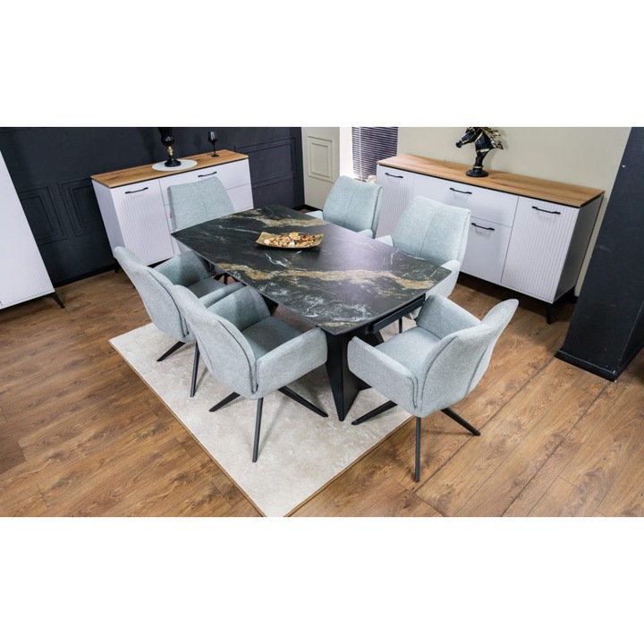 Set Masa Living Extensibila Blat Ceramic Negru/Auriu DTM0105CS cu 6 Scaune KJC77 Gri Deschis