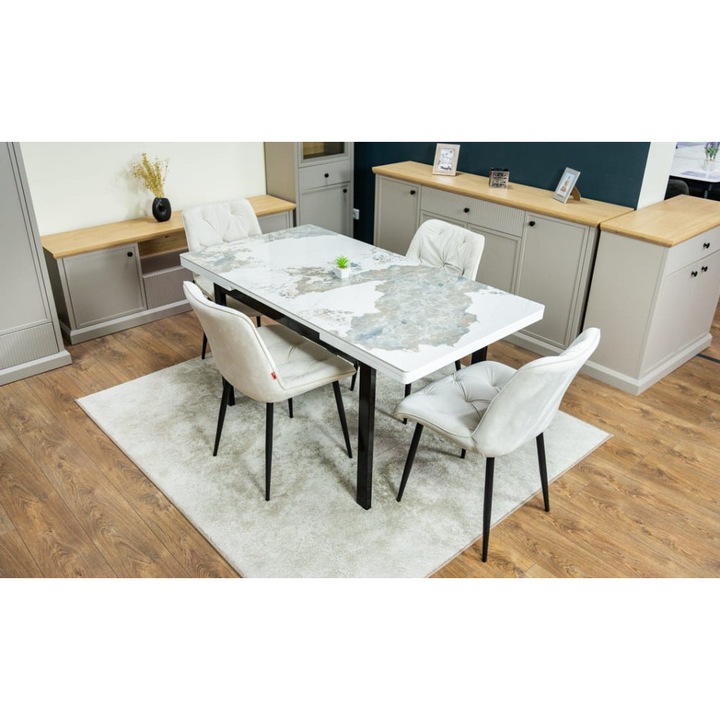 Set Masa Living Extensibila Blac Ceramic KJD416 Alb-Cappuccino cu 4 Scaune KJC0357 Bej