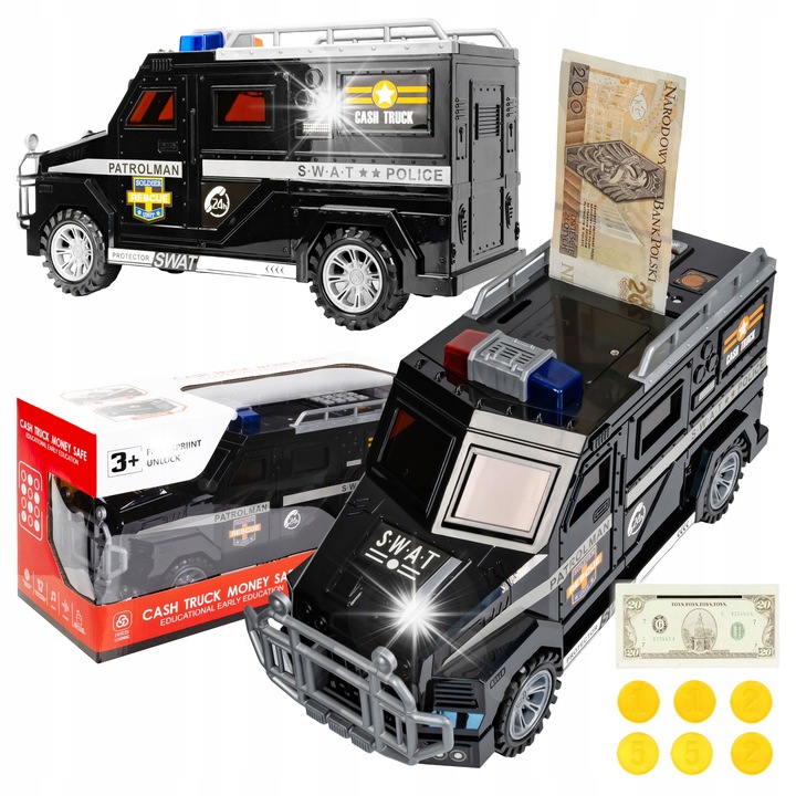 Сейф за деца, click4TOYS, полицейска кола, звукови и светлинни ефекти, 32x16x11см