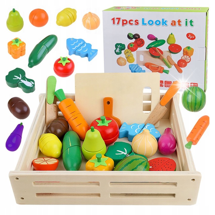 Комплект магнитни дървени блокчета за деца, click4TOYS, плодове и зеленчуци, с нож и дъска за рязане, 28x24x6см