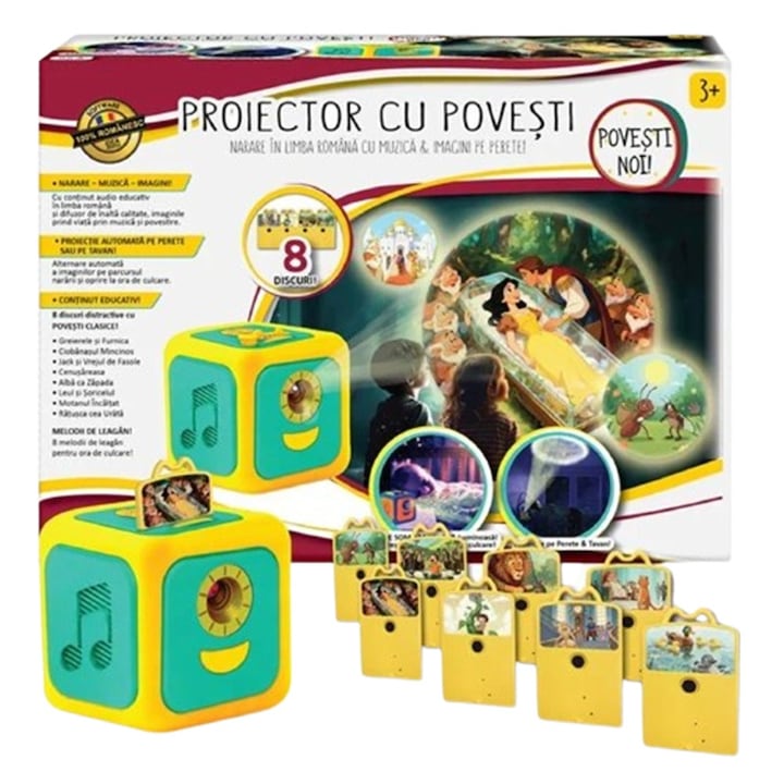 Proiector cu Povesti pentru Copii, Narare in Limba Romana, 8 Povesti Clasice, 8 Cantece de Leagan, Proiectie pe Tavan/Perete, Lampa de Veghe, Oprire Automata, Functioneaza cu 3 Baterii AA
