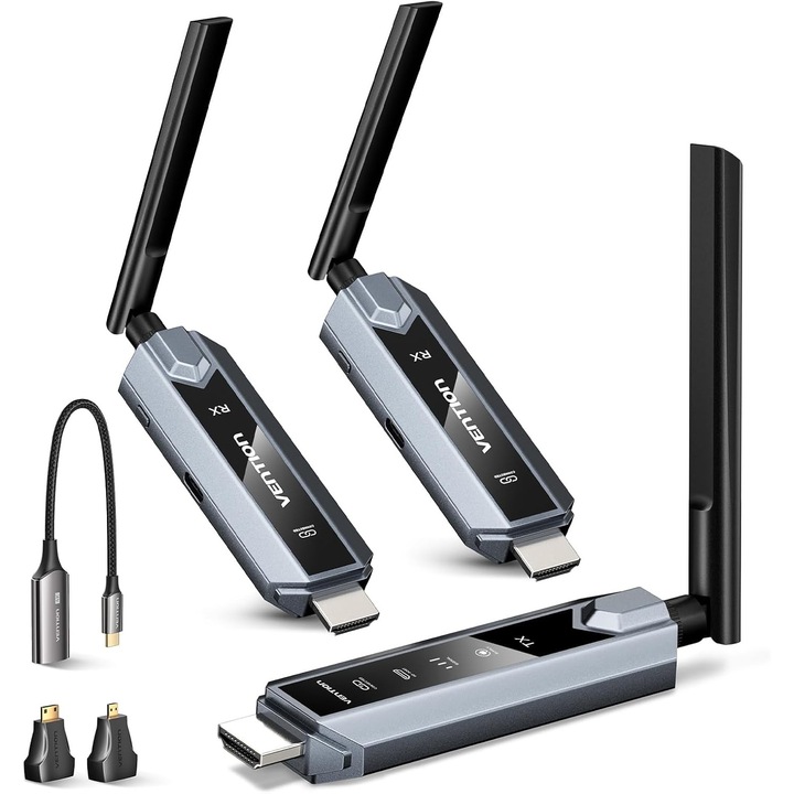 Transmitator HDMI Wireless VENTION 4K, 120m, 1 emitator + 2 receptoare, dual band 5GHz/2.4GHz, Plug & Play, 1080P@60Hz, ZeroDrop, pentru TV/Proiector/Laptop/PC