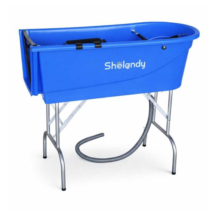 Cada din plastic, Shelandy, 55.5 x112 x 100 cm, baza pliabila, picior reglabil, cu usa, ham si furtun de scurgere, pentru caini de talie mare, albastru