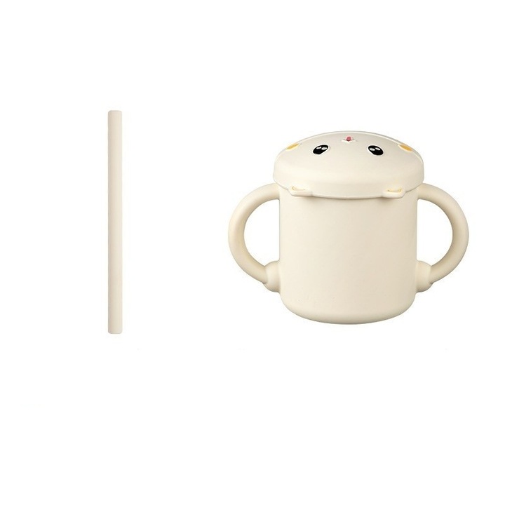 Set 2 Piese Hranire Bebelusi si Copii, Cana cu Capac si Pai, din Silicon, fara BPA, de la 12 Luni, Model Pisicuta, 12 x 9.5 x 11 cm, Bej