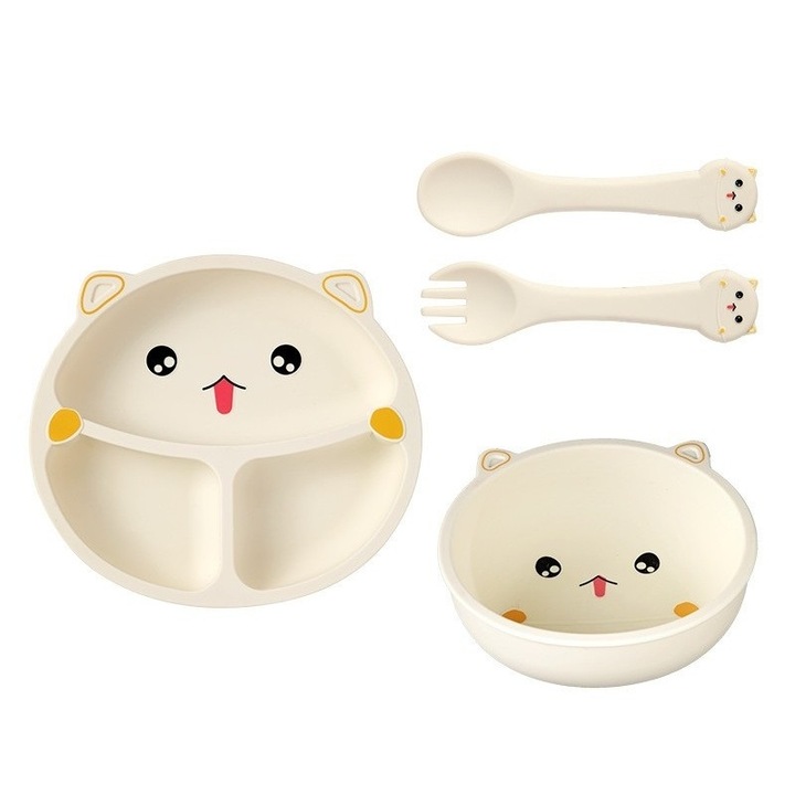 Set 4 Piese Hranire Bebelusi si Copii, din Silicon, fara BPA, de la 12 Luni, Model Pisicuta, 28 x 26 x 2 cm, Bej