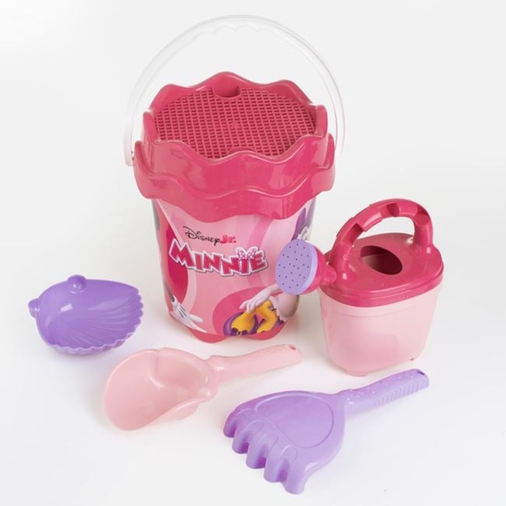 Set Galetusa de Plaja cu 4 Accesorii MINNIE 26 cm, Lopatica, Grebla, Stropitoare si Forma Nisip