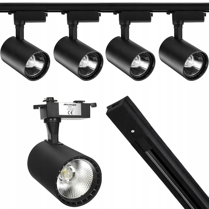 4 db LED reflektor szett, Decorya, 30W, Fekete, 1m sín, Semleges Fehér Fény