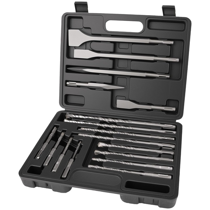 Set Burghie si Dalti pentru Bormasina, Set Burghie pentru Beton si Lemn, 17 Piese, Material Carbon Durabil, Cutie de Depozitare Inclusa, Ideal pentru Lucrari de Constructie si Reparatii, Negru