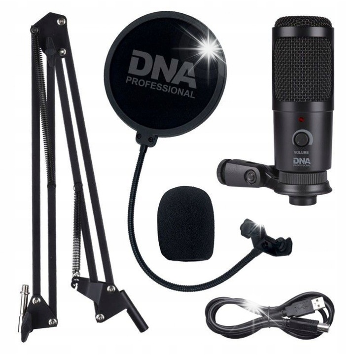 USB микрофон със стойка, поп филтър, 6 инча, DNA, 20Hz-20kHz, кардиоиден