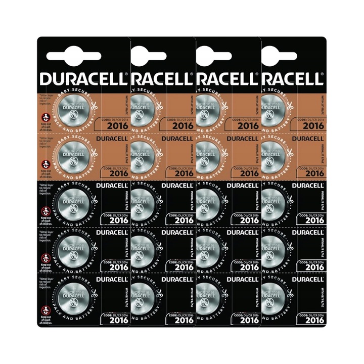 Set 20 Baterii Litium CR2016 Duracell, 3V, 90mAh, 20mm x 1.6mm, siguranta pentru copii