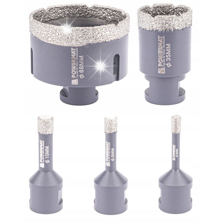 Powermat gyémánt koronafúró készlet, 11 részes, M14/HEX adapterrel, kofferben, 6-68 mm méretekben