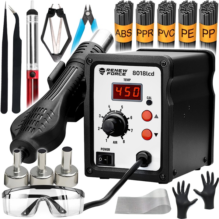 Statie de lipit Renew Force, set 20 in 1, 700W, 100-500°C, 3 duze, accesorii pentru plastic