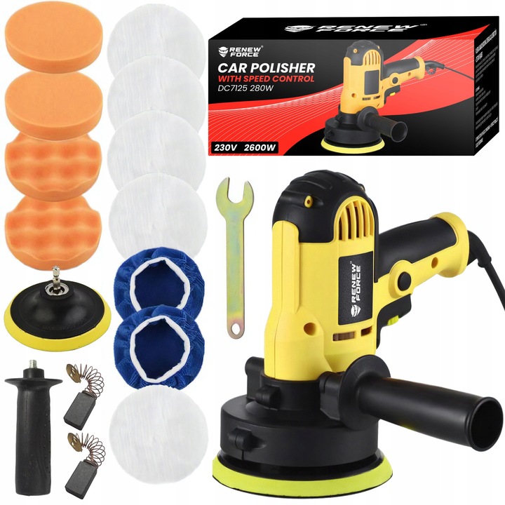 Renew Force 700W autó polírozó, 125 mm, 600-3700 ford./perc, 12 tartozékos készlet, oldalsó fogantyúval