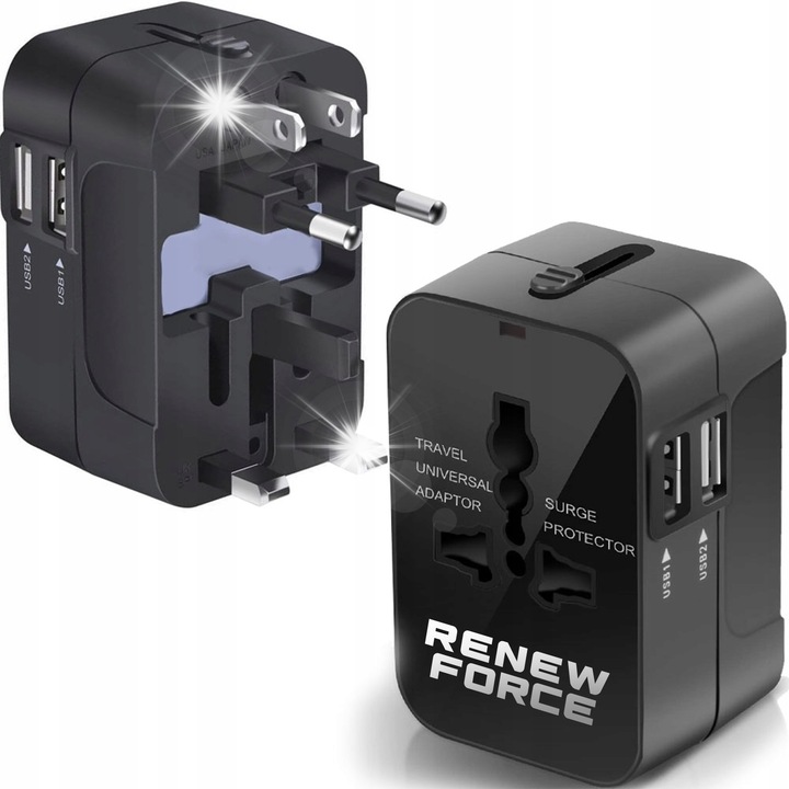 Adapter de calatorie Renew Force cu 2 porturi USB, negru, 4,8x7,6x3,8cm, set