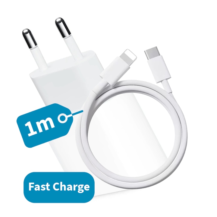 Зарядно устройство 20W, бързо, съвместимо с iPhone 14/13/12/11/Pro/Pro Max/iPad/AirPods, кабел за данни Lightning, бял