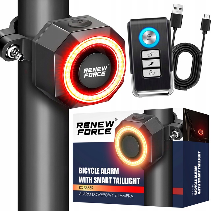 Kerékpár riasztó lámpával, Renew Force, 110 dB, Vízálló IP65, Készlet távirányítóval és USB kábellel