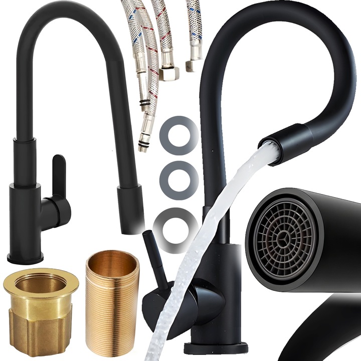 Renew Force szaniter csaptelep, 360-ban forgatható, szilikon kifolyócsővel, fekete, szettben