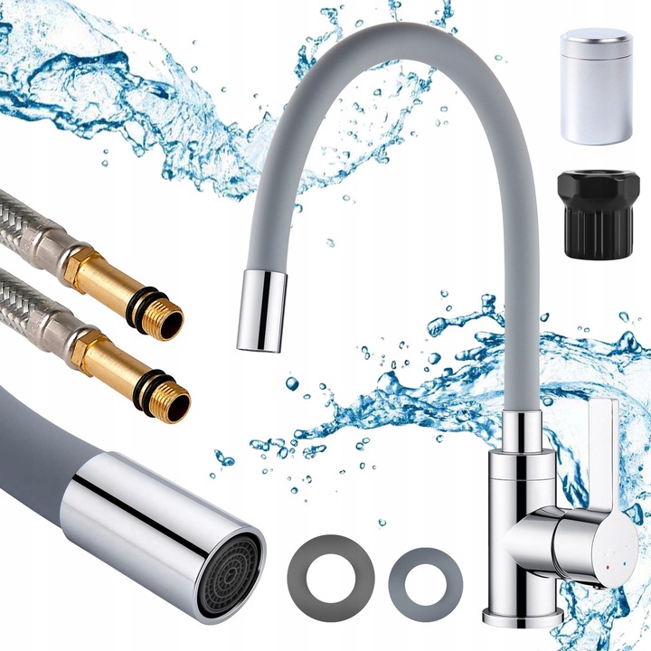 Renew Force szaniter csaptelep, 360 fokban forgatható, szilikon kifolyócsővel, ezüst, szettben