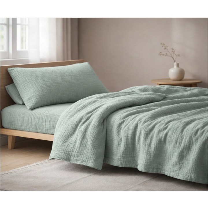 Lenjerie de pat 3 piese, muselina bumbac, 140 x 200 cm, diverse culori Verde