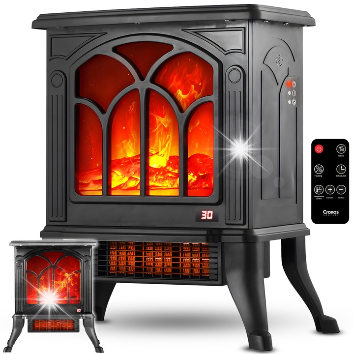 Електрическа камина Cronos, черна, с функция за отопление, тип стойка