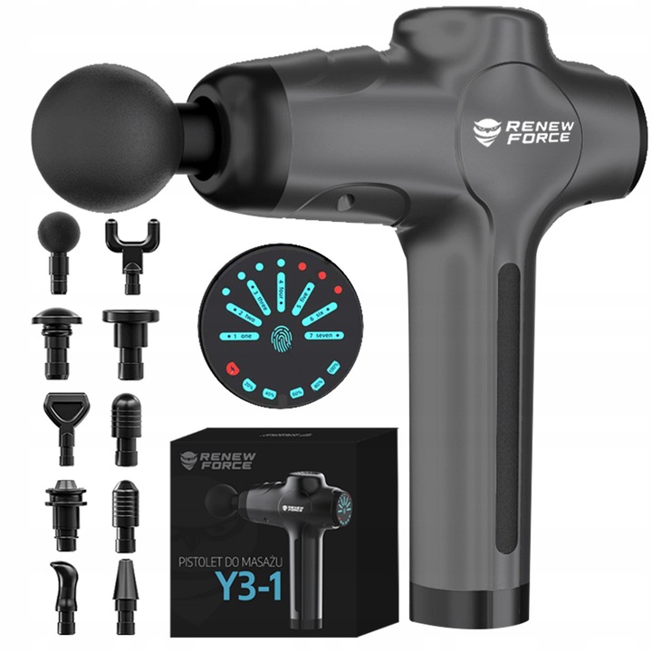 Масажен пистолет Renew Force, 10 сменяеми глави, 120W, многоцветен