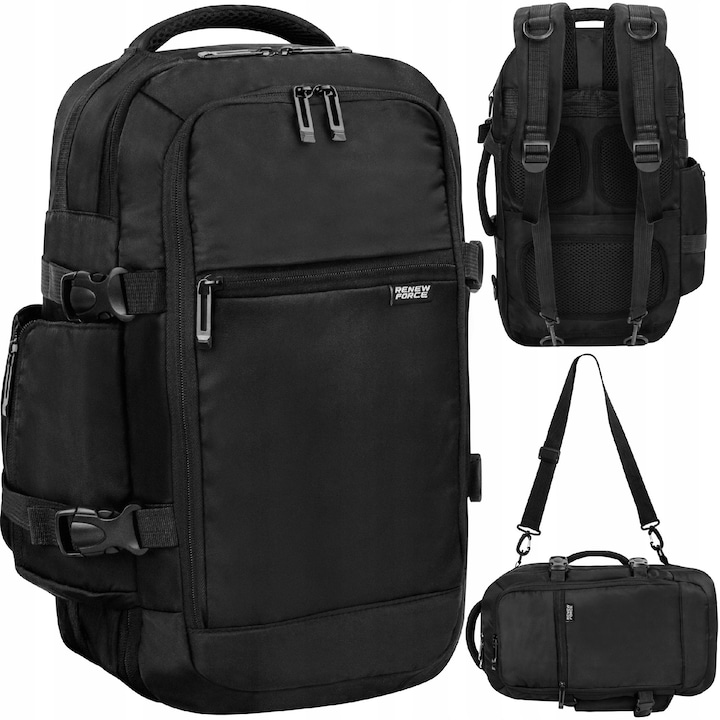 Renew Force utazó hátizsák 40x25x20cm, 2 az 1-ben, fekete, 20L, állítható pánttal