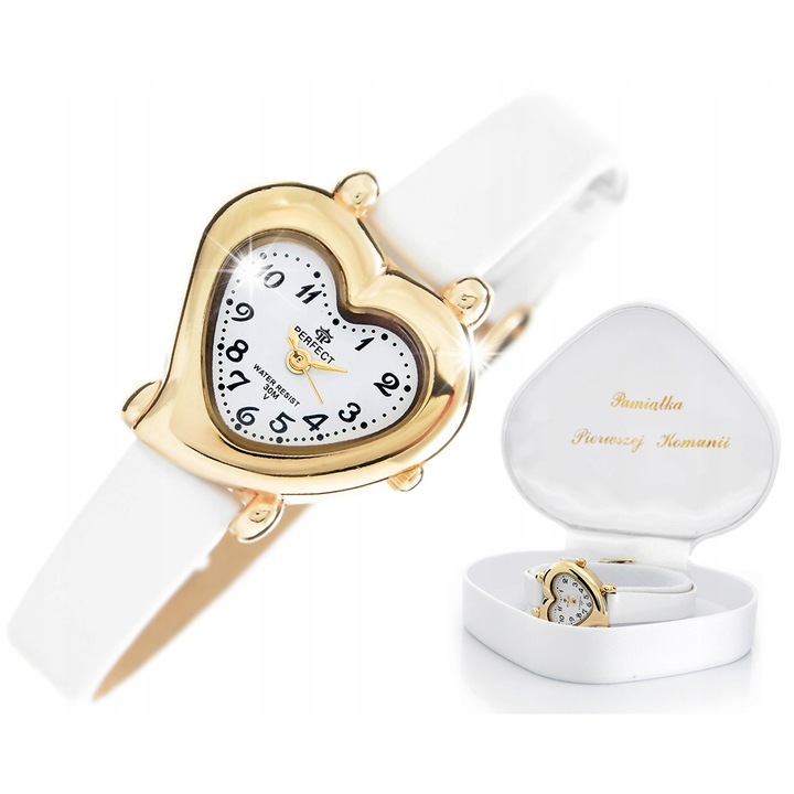 Комуникационен часовник за момичета Perfect, модел Сърце, бял, комплект, кварцов механизъм, кожена каишка, 26x28 мм
