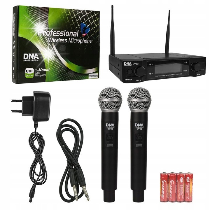 Vezeték nélküli mikrofon szett, DNA, 2 dinamikus mikrofon, 560-590 MHz frekvencia, AA elemes tápellátás