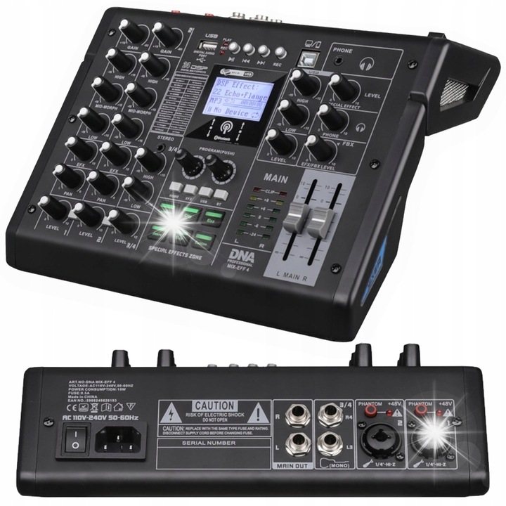 Mixer audio DNA MIX-EFF 4, 4 canale, Bluetooth, Phantom +48V, 25,5x21,5x9,2cm