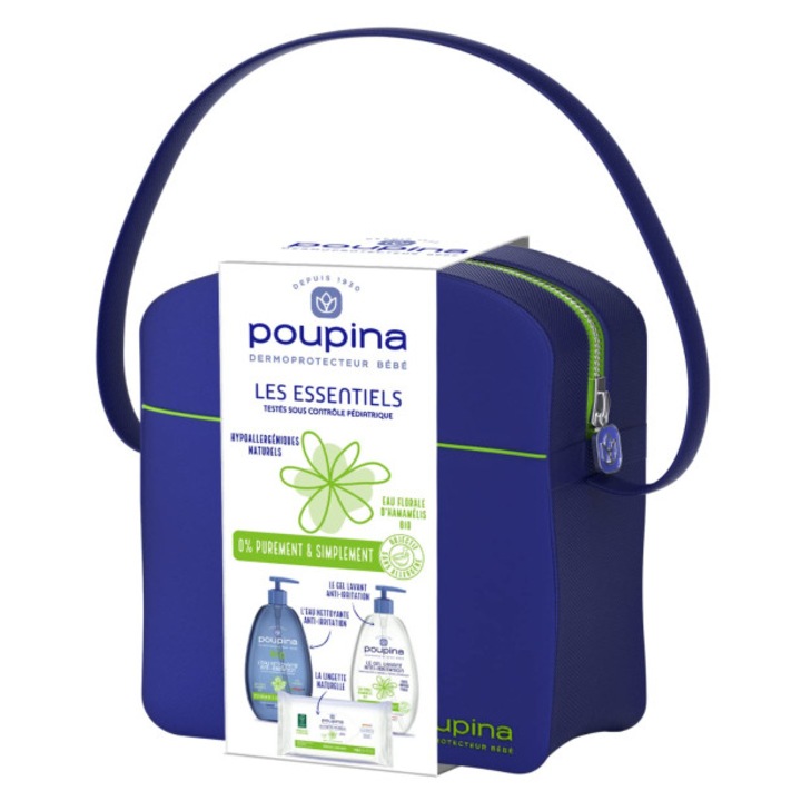 Комплект за бебета Poupina от 3 части, Душ гел 485 мл, Почистваща вода 485 мл, 1 пакет от 60 мокри кърпички, хипоалергенни и натурални формули