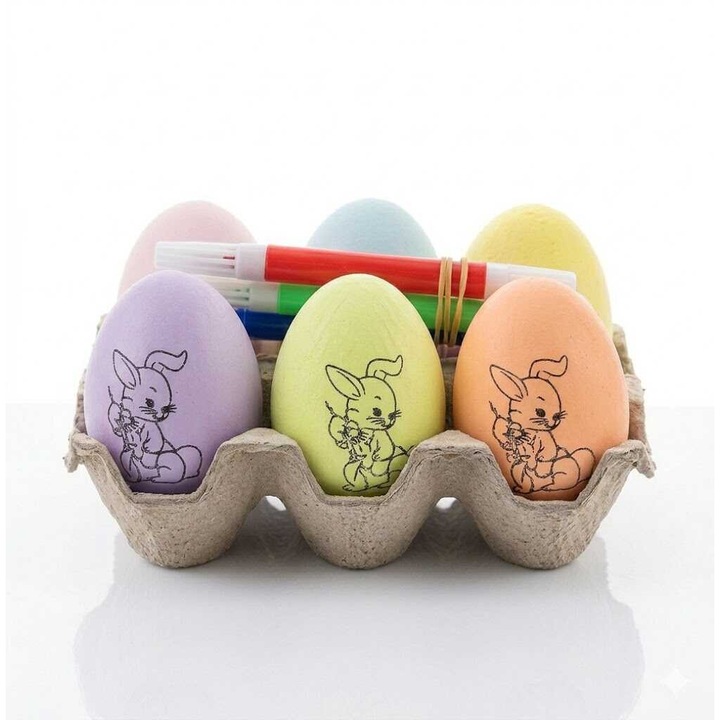 Ouă de Paște colorate, 6 bucăți, de colorat, cu fetru, în suport de ouă, 6 cm
